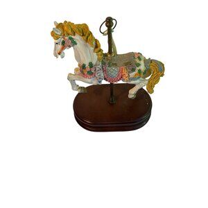 Vintage Carousel Horse Music Box Figurine With Floral Accents & Wooden Base